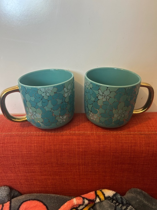 Thyme & Table Other - Turquoise Floral Ceramic Mug Set with Gold Handles - Set of 2